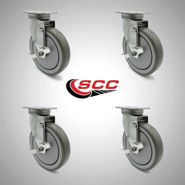 6 Inch SS Gray Polyurethane Swivel Top Plate Caster Set with Brake SCC